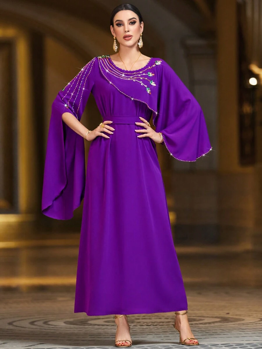 Al Najma Purple Heavyweight Split Sleeves Modest Arabian Dress Elegant Luxury Long Sleeve Kaftan - Red Violet - View 1