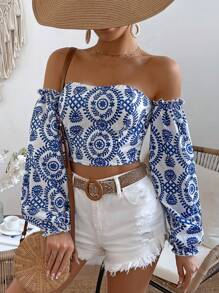 Breezaya Áo sơ mi trễ vai in họa tiết tay dài cho nữ, áo dài tay - Nhiều màu - Xem 4