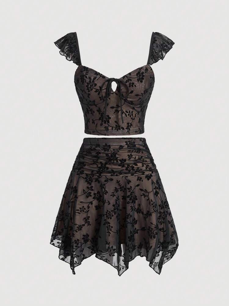 Women's Floral Mesh Ruffle Armhole Tie Front Top And Hanky Hem Skirt Set