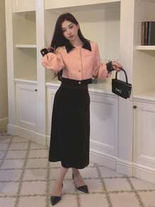 DAZY Women's Colorblock Jacket With Solid Color Knee Length Skirt Set, Women Two Pieces Sets,Fall Clothes - Pink - View 6