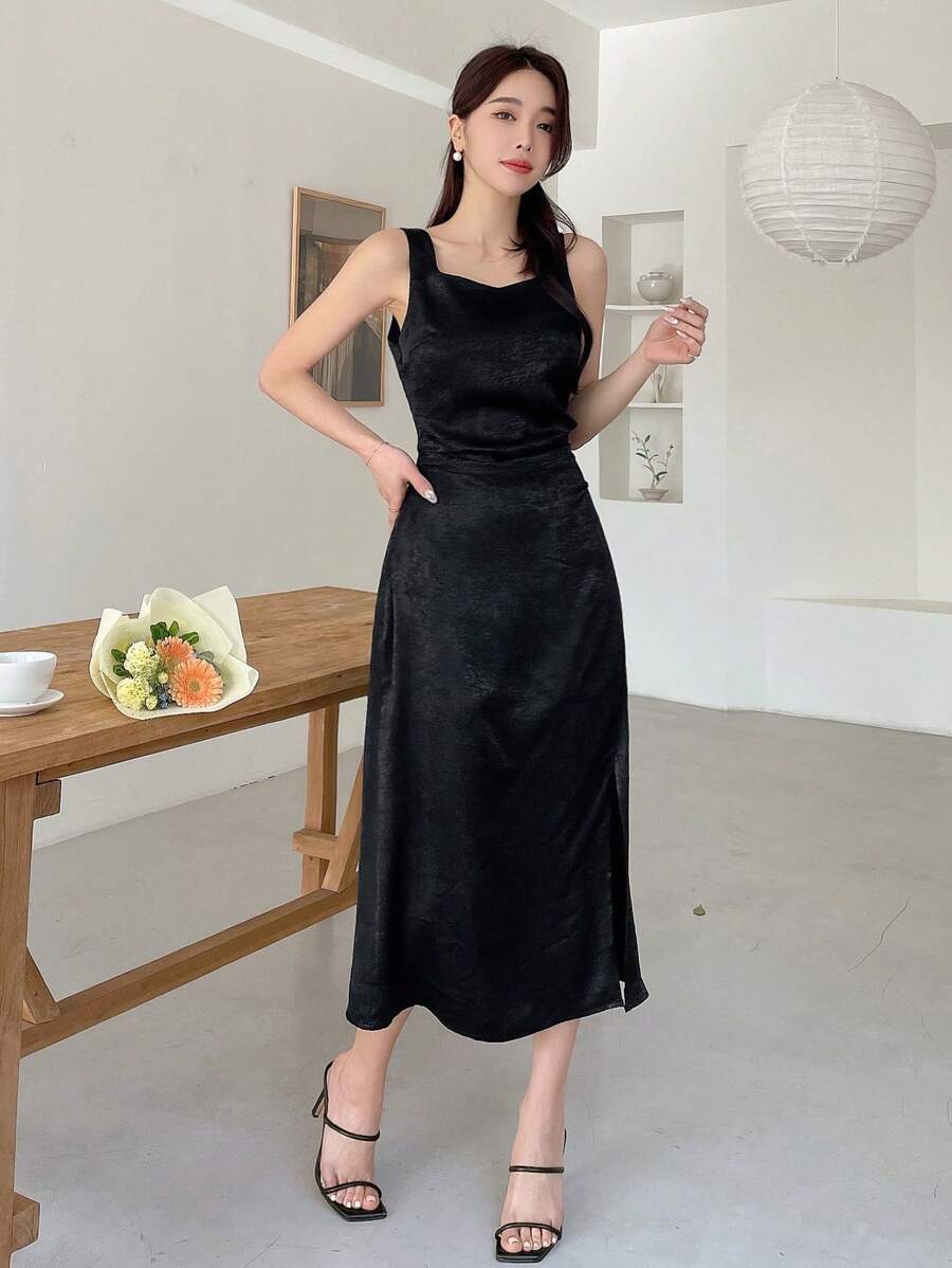 DAZY Của phụ nữ Không tay Người yêu Đường viền cổ áo Đầm - màu đen - Xem 1