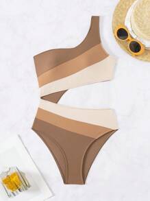 SHEIN Swim Women's Color Block One Shoulder Cut Out Patchwork Fashionable One-Piece Swimsuit Bathing Suit For Swimming, Vocation, Summer Beach