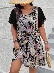 SHEIN LUNE Của phụ nữ Kích thước lớn Tay áo ngắn In hoa Xù Hoa Sen Đầm - màu đen - Xem 4