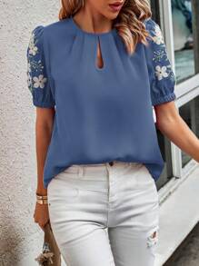 SHEIN LUNE 印花鎖眼領泡泡袖襯衫 - 霧霾藍 - 查看 6