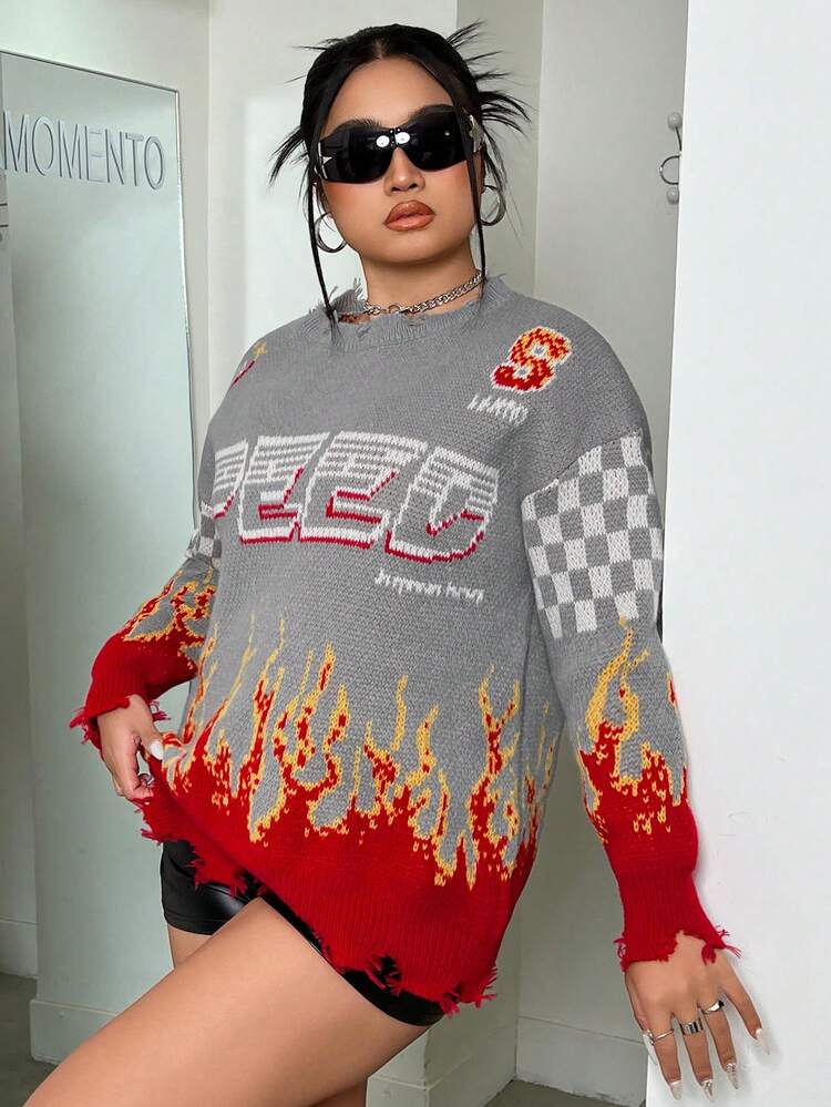 Y2k Plus Size Women's Loose Fit Sweater With Red Flame, Letter And Motorcycle Pattern, Distressed Hem Design