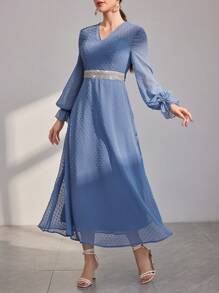 Modelyn Women's Swiss Dot Waist Cinched Arabian Dress Long Evening Dresses