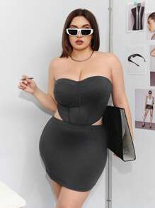 SHEIN ICON Plus Size Women's Strapless Top And Bodycon Skirt Set - Grey - View 5