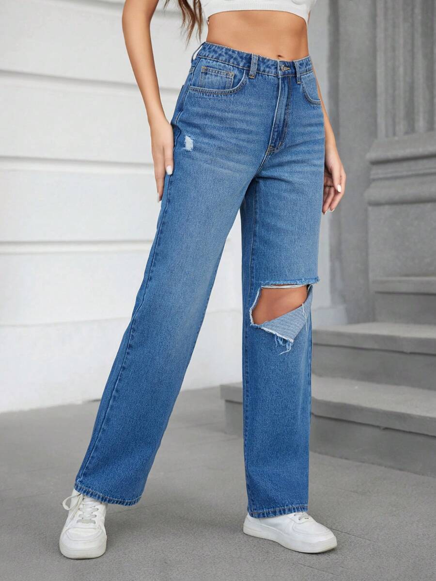 SHEIN Tall Jeans Rotos Lavados - Azul lavado medio - Ver 1