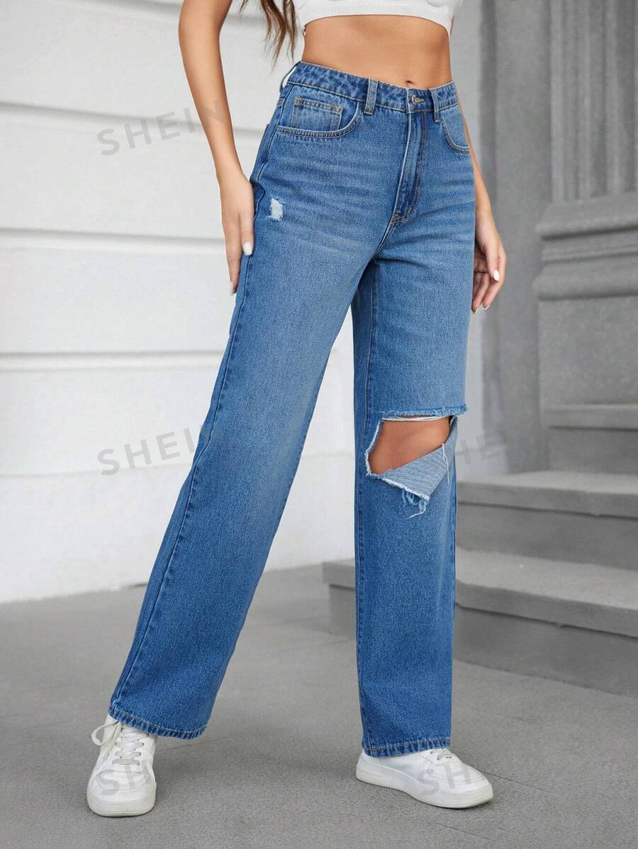 SHEIN Tall Jeans Rotos Lavados - Azul lavado medio - Ver 1