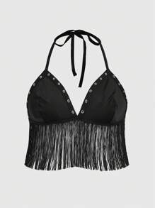 ROMWE Grunge Punk Plus Size Metal Eye Triangle Cup & Tassel Detail Halter Neck Bralette - Black - View 2