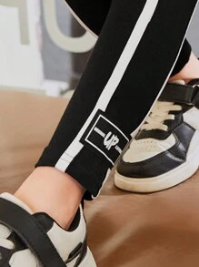 SHEIN Młoda dziewczyna Ciasny Codzienny W połowie talii Kolorowy blok Legginsy Z Tkany pasek