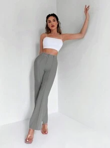 SHEIN SculptFit High Waist Seam Detail Straight Leg Trousers - Grey - View 3