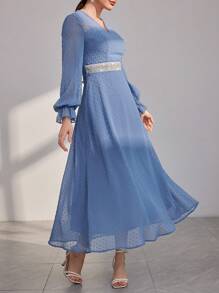 Modelyn Women's Swiss Dot Waist Cinched Arabian Dress Long Evening Dresses