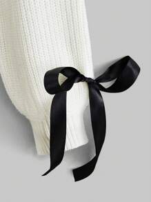 ROMWE Kawaii Áo len cardigan nữ trang trí nơ lụa phong cách ngọt ngào & đáng yêu, đi học - trắng - Xem 4