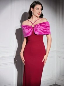Modelyn Burgundy Red Women's Color Contrast Off-Shoulder Split Hem Halterneck Dress Long Evening Dresses - Burgundy - View 1