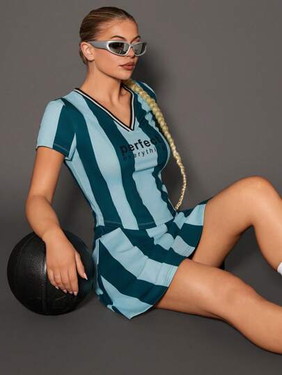 VARSITIE Women's Letter & Stripe Print Short Sleeve Sports T-Shirt