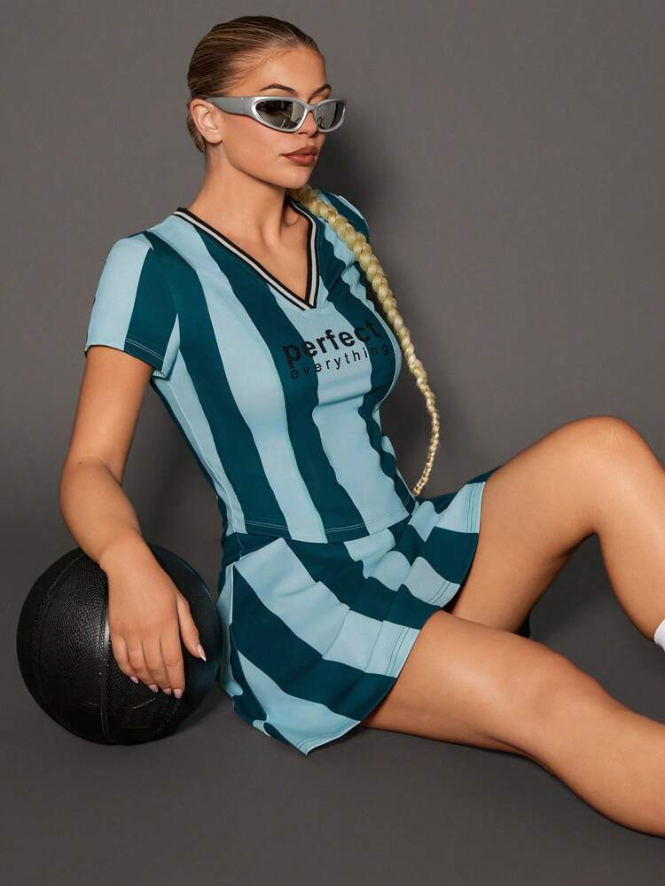 Women's Letter & Stripe Print Short Sleeve Sports T-Shirt