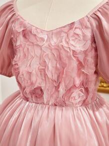 Tween Girls' Elegant & Cute 3d Rose Flower Puff Sleeve Dress (Size: L) - Pink - View 3