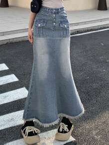 DAZY Women's Denim Skirt With Frayed Hem And Pocket Design - Blue - View 6