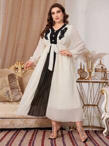 Modelyn Fashionable Color Block V-Neck Lantern Sleeve Long Dress Long Evening Dresses - Apricot - View 5