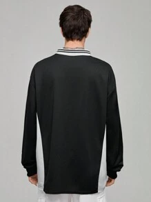 Manfinity Campus Court Aesthetic Post--Men's Long Sleeve Oversized Polo Shirt With Slogan And Number Print - Black and White - View 2