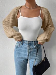 SHEIN EZwear 秋冬女士长袖短款开衫 - 駝色 - 查看 5