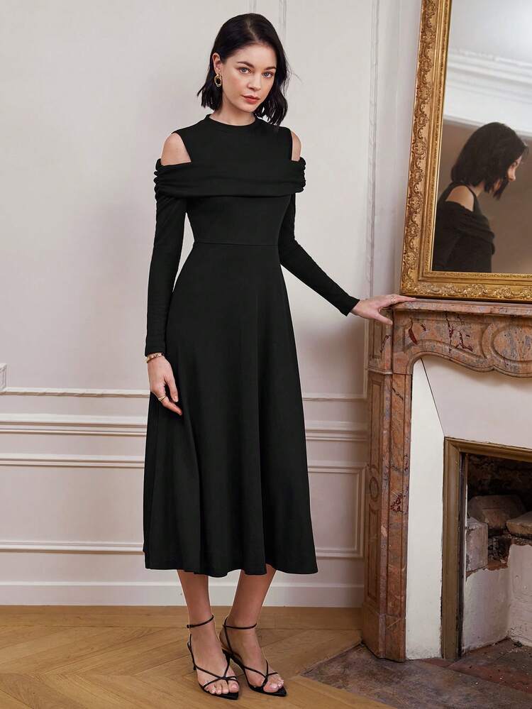 Solid Color Open Shoulder Cinched Waist Dress Winter Elegant Black Evening Dress