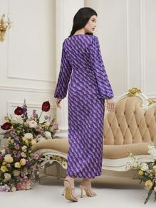 Modelyn Ladies' Paisley Printed Twist Knot Arab Dress Long Evening Dresses - Purple - View 3