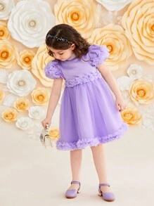 SHEIN Leap Crew 少女 1入組 華麗圓領3d花 & 網紗拼接裙 - 紫色 - 查看 3