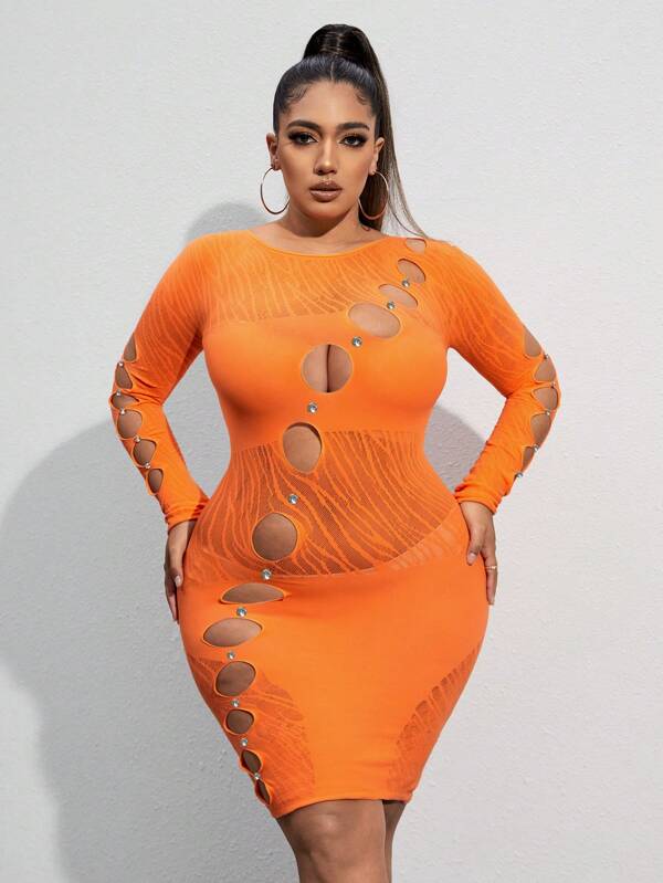 SHEIN SXY Plus Size Women's Spring Summer Sexy Lace Seamless High Elasticity Hollow Out Long Sleeve Bodycon Dress With Sheer Details
