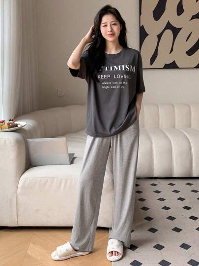 DAZY Conjunto de pijama de hombro caído con gráfico de eslogan