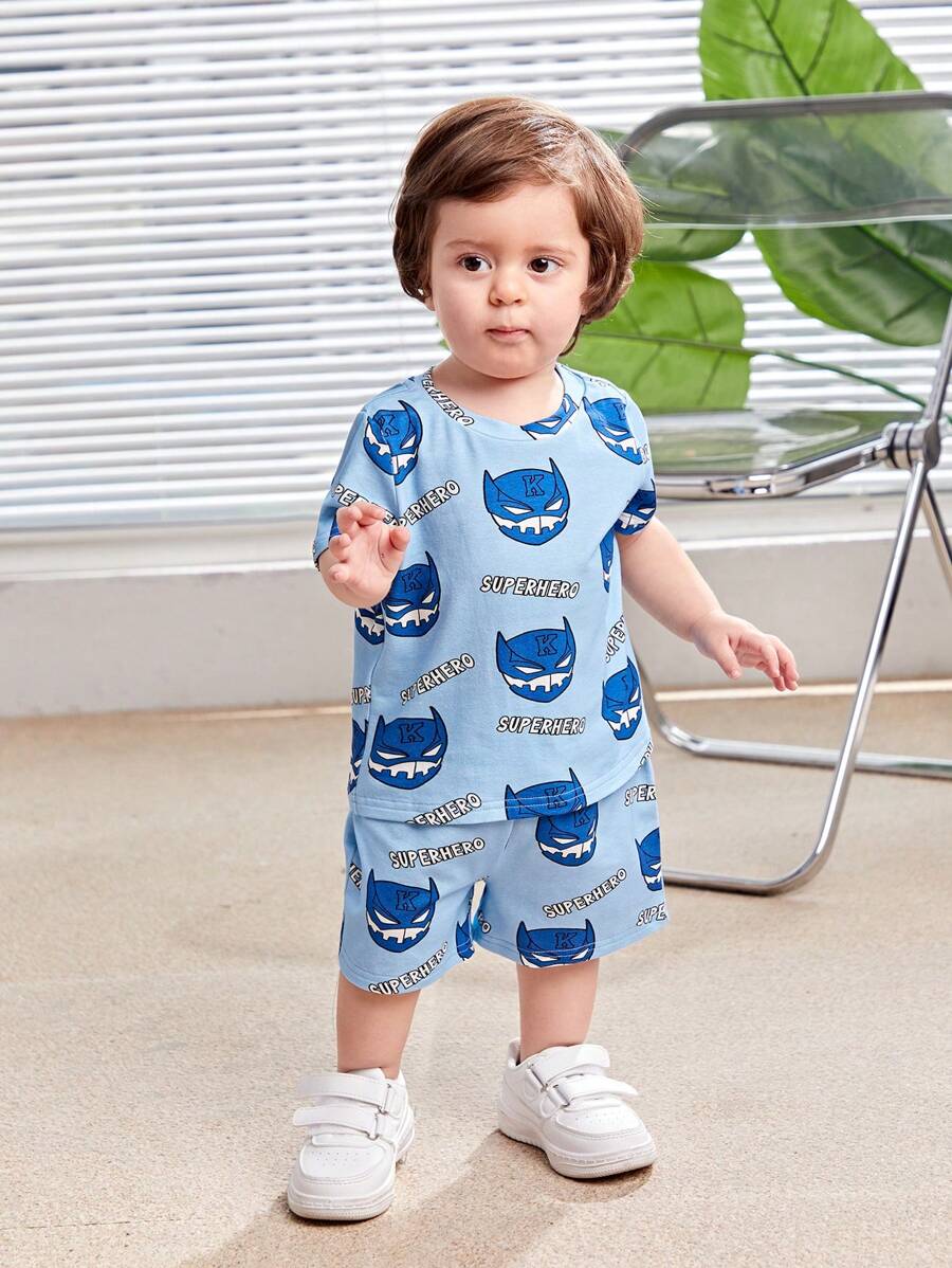 SHEIN 嬰兒男女休閒可愛卡通圖案針織短袖t恤短褲套裝 - 彩色 - 查看 1