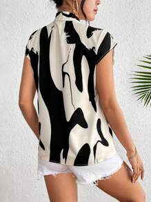 SHEIN Essnce 女性時尚休閒襯衫,帶有印花蝴蝶結 - 杏色 - 查看 2