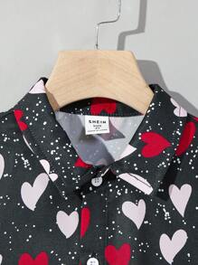 SHEIN Young Boy's Cute And Loose Heart Pattern Printed Shirt And Solid Color Shorts Set - Black - View 5