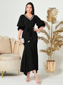 Modelyn 女士闪亮亮片带拼接鱼尾裙长款晚礼服