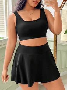 CovetEZ Kích thước lớn Màu thuần Thon gọn Quần skinny Áo vest Và Váy Hai chiếc Bộ - màu đen - Xem 3