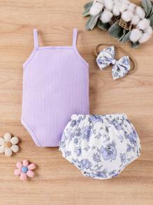 Baby Girl Ruffle Knitted Ribbed Cami Bodysuit And Printed Shorts Set - Purple - View 2