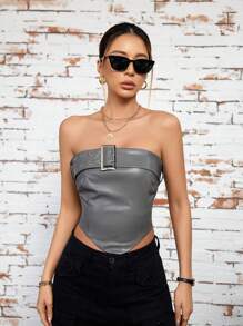 Chiquease Atasan Wanita Asimetris Lace Up Zip Plain Casual Pesta - Grey - View 4