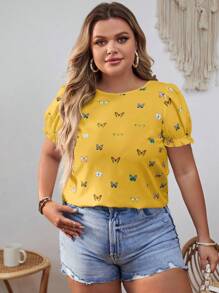 SHEIN VCAY Plus Size Women's Boho Butterfly Printed Puff Sleeve Blouse, For Summer - Yellow - View 3
