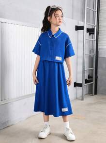 SHEIN Strickjacke und Cami Kleid Set mit dekorativen Rändern für Tween Mädchen