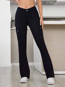 SHEIN Tall Low Waist Cargo Flared Jeans - Black - View 4