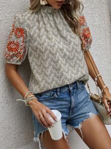 SHEIN Holidaya 波西米亞褶皺邊花卉印花女士襯衫 - 杏色 - 查看 6