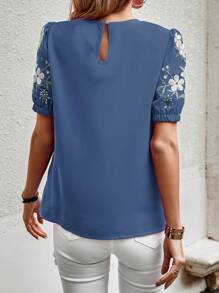 SHEIN LUNE 印花鎖眼領泡泡袖襯衫 - 霧霾藍 - 查看 2