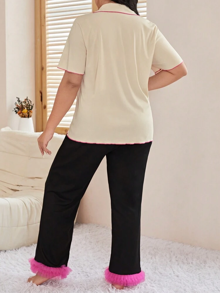 Plus Size Color Block Top And Sheer Mesh Inset Pants With Banded Hem For Pajama Set