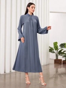 Al Najma Arabic Long Sleeve Dress With Twist Knot At The Collar - Blue - View 6