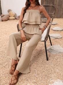 Breezaya Women's Solid Color Double Layered Lotus Hem Cami Top And Pants Two Pieces Set