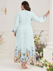 Mulvari Plus Size Floral Print Lantern Sleeve Dress