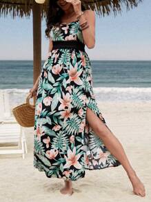 SHEIN 孕妇热带印花前开叉细肩带连衣裙 - 彩色 - 查看 5