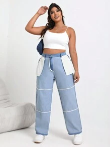 SHEIN EZwear 大碼兩面可穿著牛仔褲,帶口袋 - 中等水洗藍 - 查看 6
