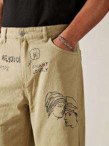Manfinity VCAY Jeans évasés pour hommes avec imprimé floral et slogan - Kaki - Voir 5